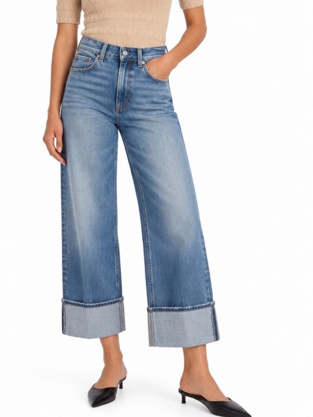 PAIGE Sasha Ankle Wide Leg Cuffed Jeans Size 26 Medium Wash